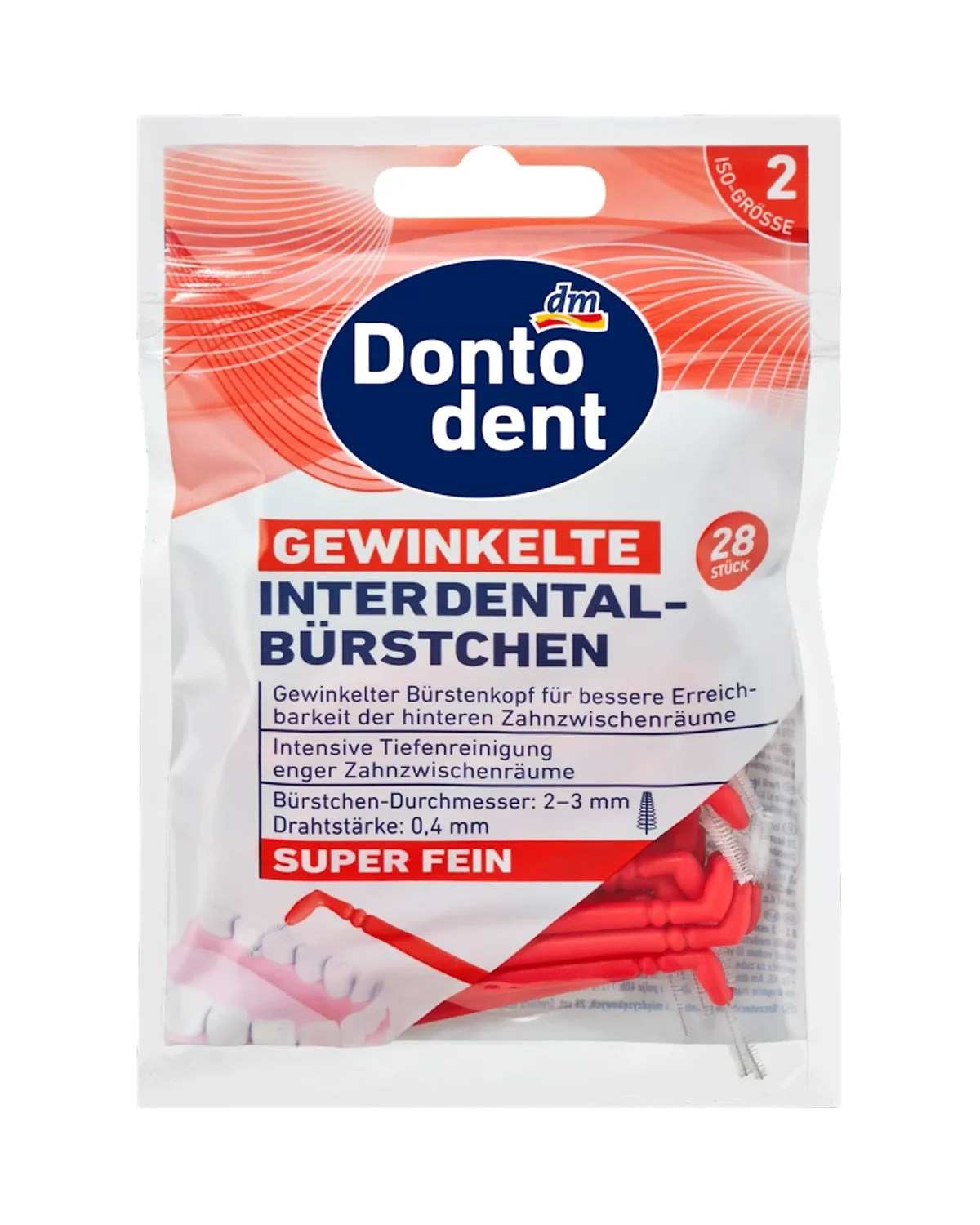 Dontodent Angled Interdental Brushes 28 brush ISO 2 — 0.4 mm red